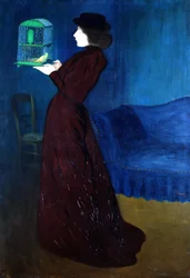 Frau mit Vogelkäfig